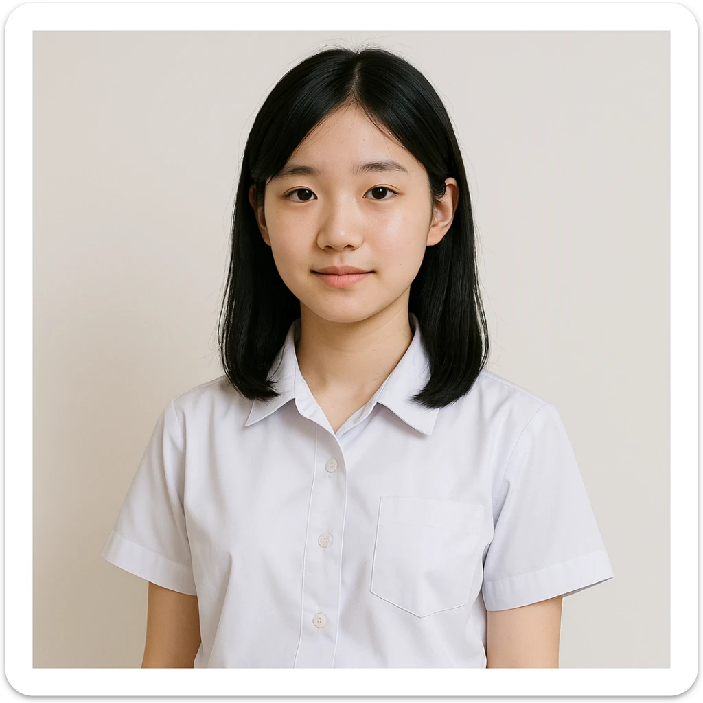 Asian girl with black hair and white skin, wearing a white school uniform, simple and clear design sticker