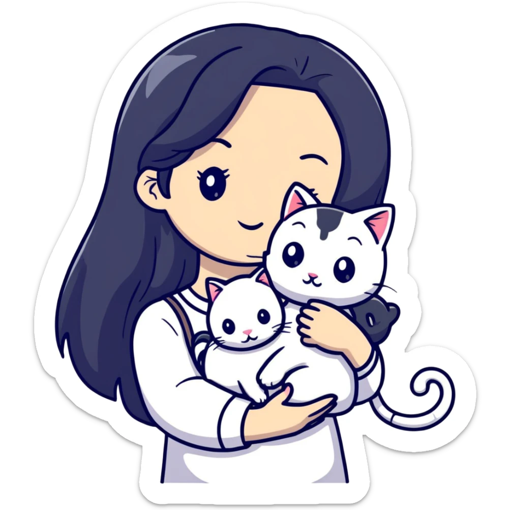 beautiful girl with long black hair holding a hairless cat sticker