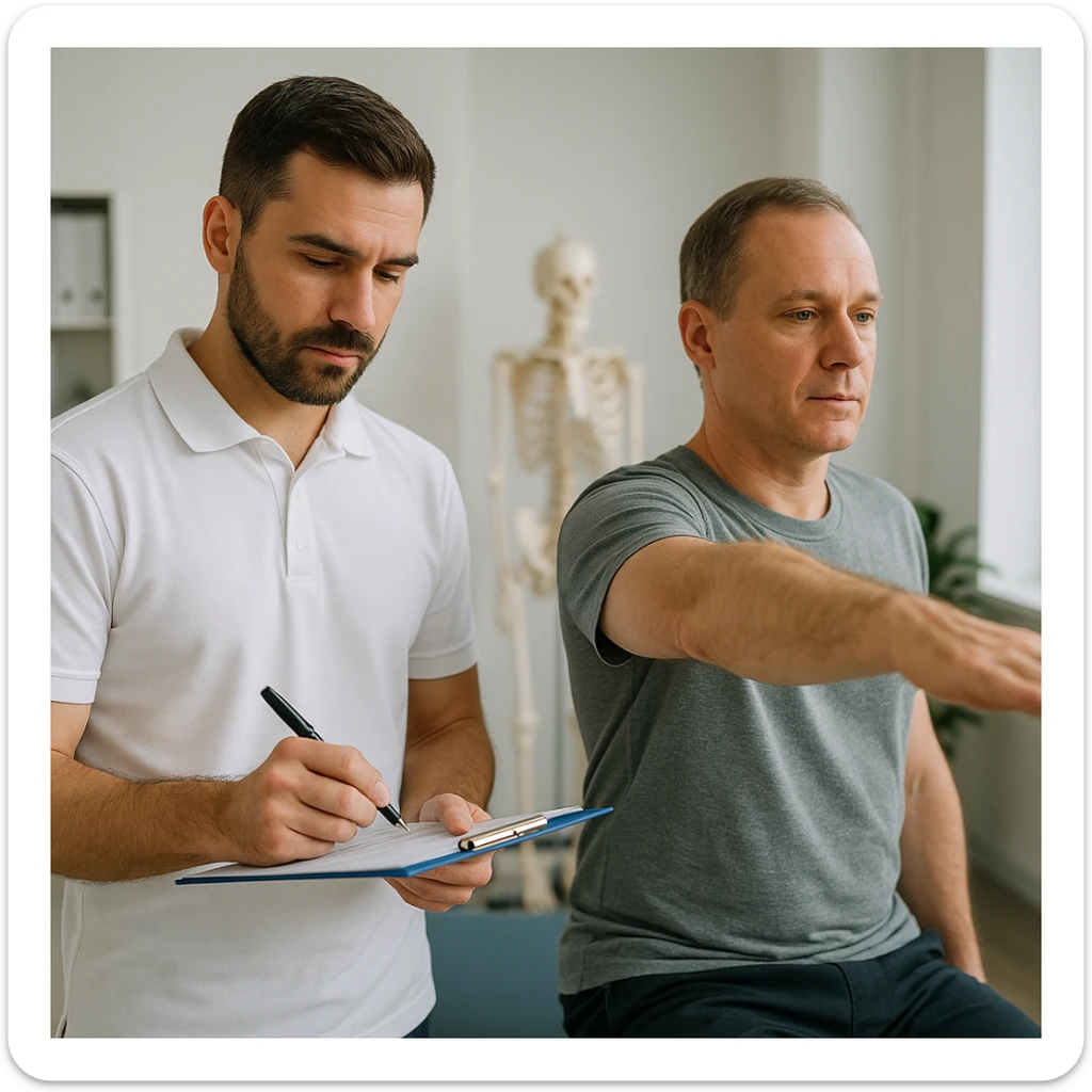 realistic image of a kinesiologist observing and noting results of a kinesiological evaluation on a patient in a clinical environment with professional atmosphere sticker