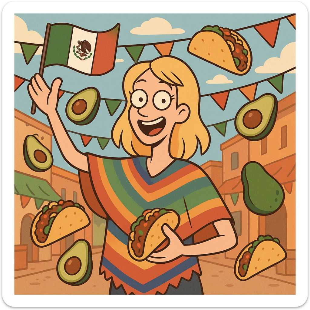 playful cartoon of a tall blonde woman wearing a colorful poncho, smiling, holding a taco and an avocado, waving a Mexico flag, surrounded by tacos and avocados, street party scene sticker