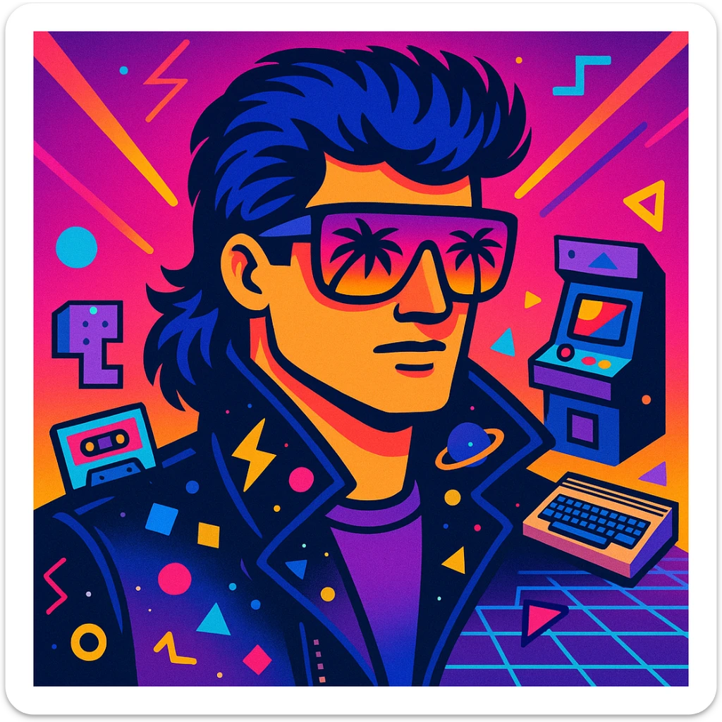 retro-futuristic 80s male portrait with classic mullet hairstyle with neon blue highlights, face half-hidden by bright airbrushed sunglasses with pink to purple gradient reflecting palms and sunset, leather jacket with raised collar airbrushed with lightning and cosmic motifs, Memphis Design geometry, energetic neon gradient background with perspective grid, laser beams, details like cassettes, arcade games, Commodore 64, electric blue, fuchsia, turquoise, ultraviolet colors sticker