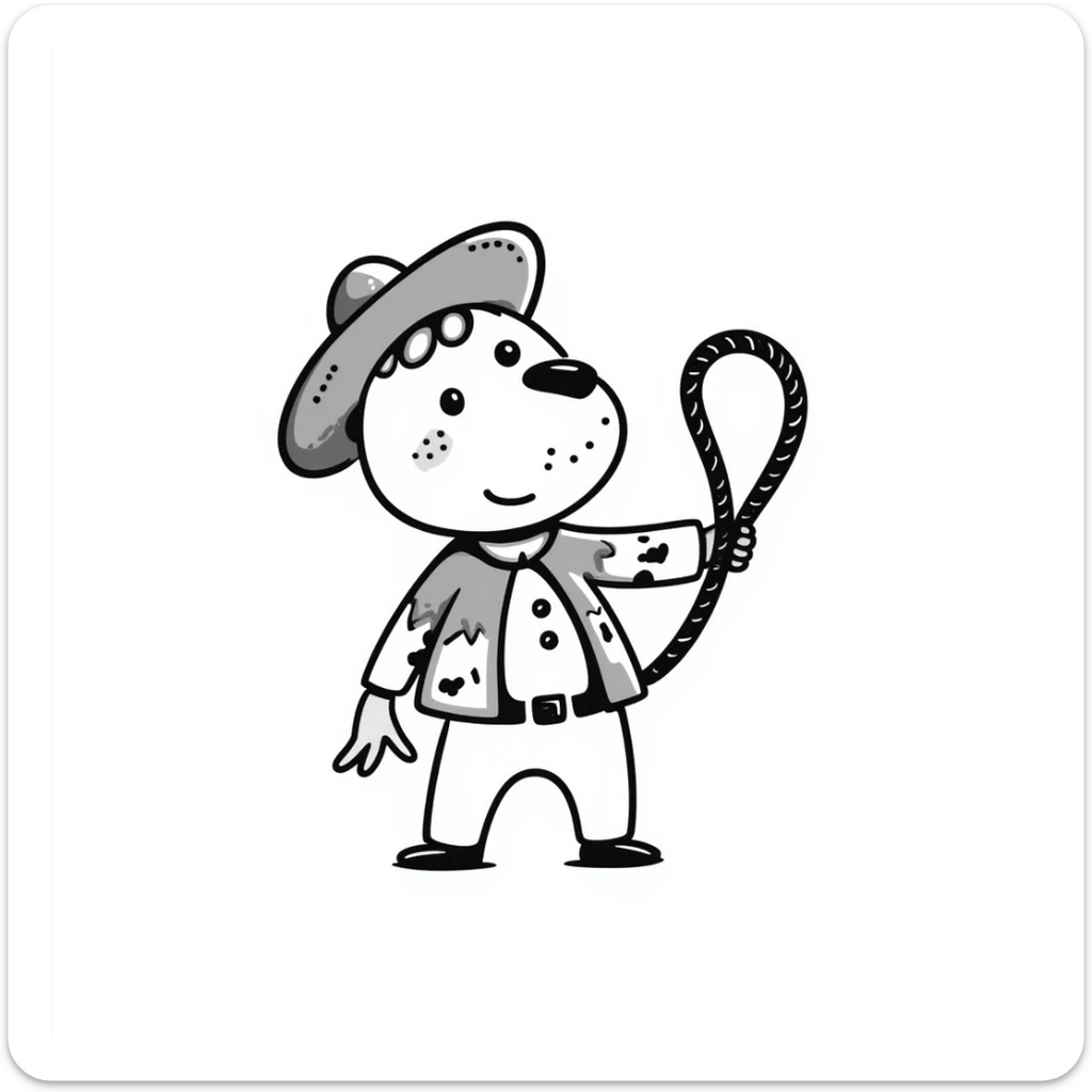 A hand-drawn plush baby cowboy toy with a lasso and cute freckles sticker