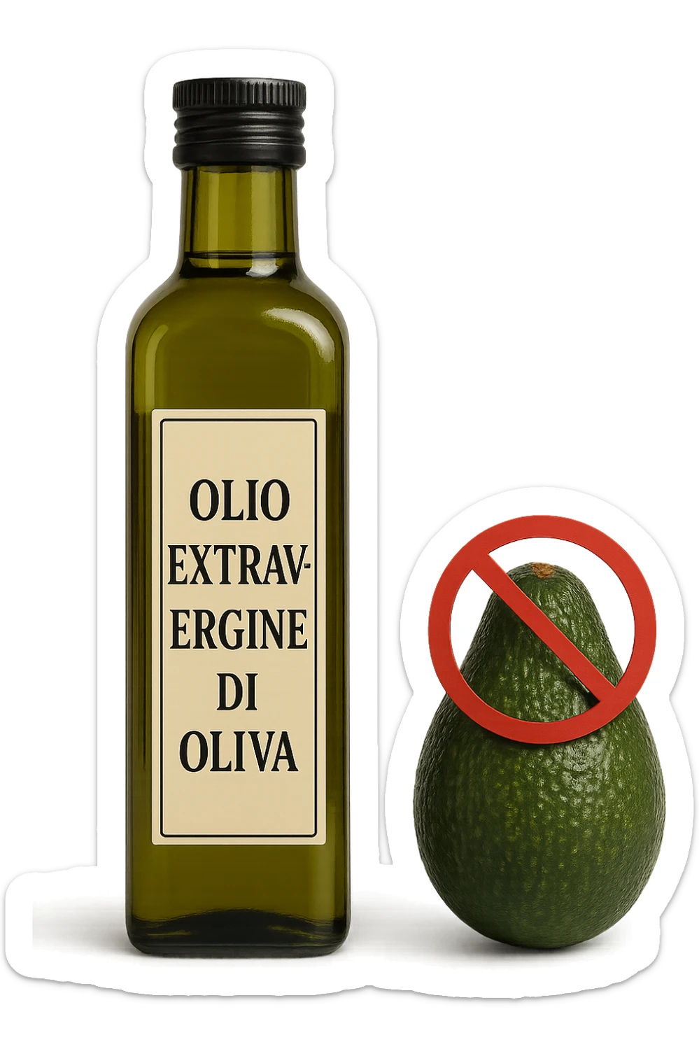 BOTTIGLIA DI OLIO EVO CON LA SCRITTA "OLIO EXTRAVERGINE DI OLIVA" SULL'ETICHETTA E AVOCADO CON DIVIETO SOPRA,  iperrealistico 4k sticker