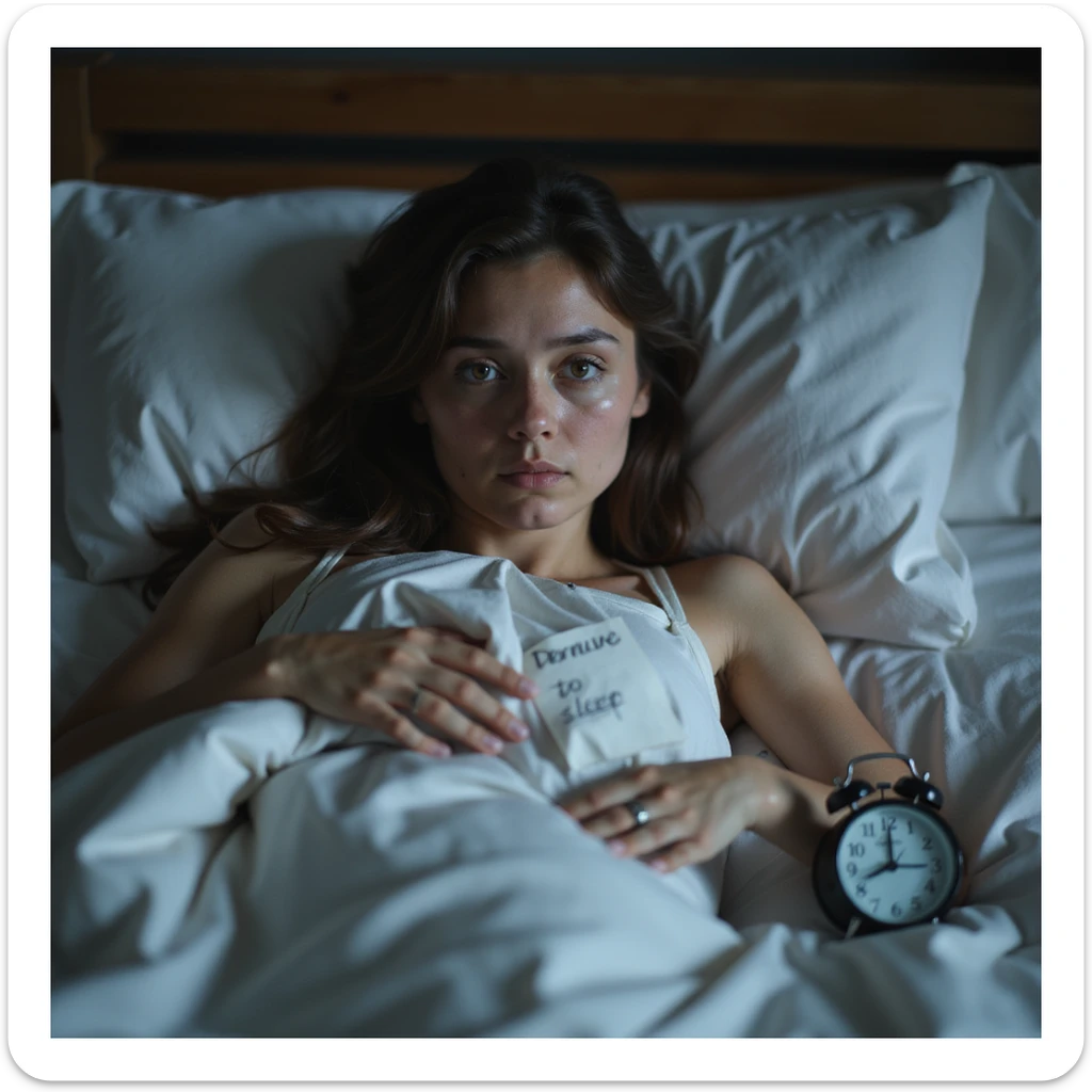 hyperrealistic 4K image of a young woman sitting on bed after 10 hours of sleep, dark circles under puffy eyes, hands gripping crumpled sheets, alarm clock showing '11AM' with a note saying 'Dormire' beside it, realistic bedroom atmosphere, tired expression sticker