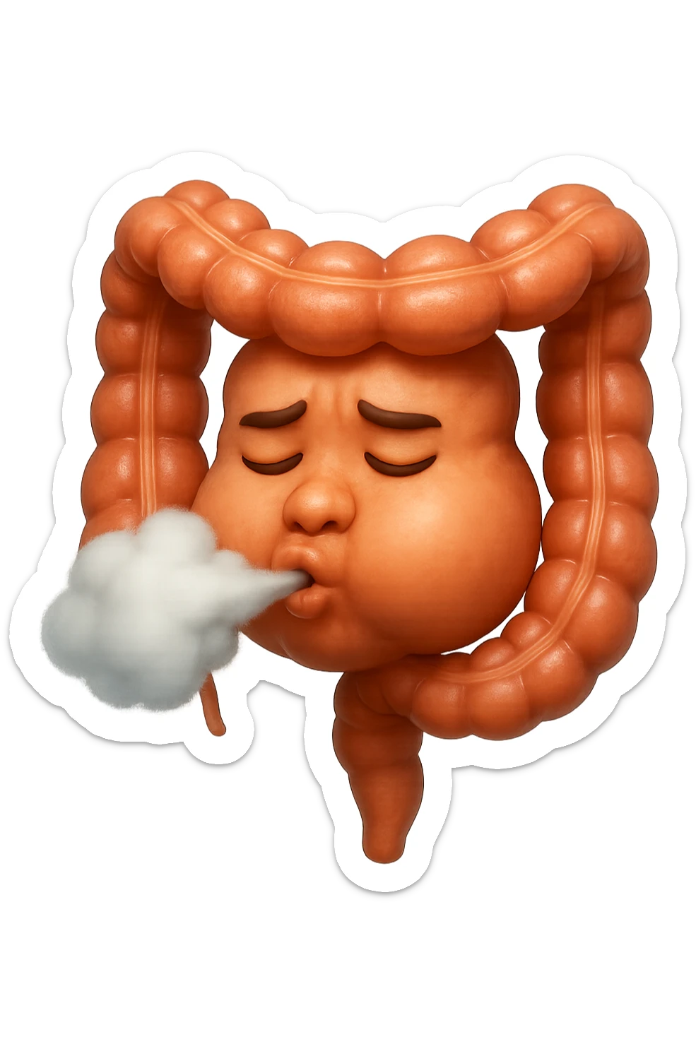 emoji stile iphone di un intestino che ingoia una nuvoletta di aria ben visibile e gli si gonfia la pancia, non fargli il naso, iperrealistico 4k sticker