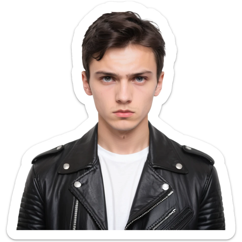 Danila Bagrov from Brother 2 movie, young Russian man with short dark hair, serious expression, wearing black leather jacket sticker