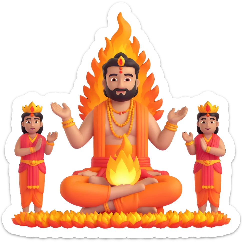 fun emoji of Rakesh as a deity with fire effects and a glowing 1 lakh reward, five people below with hands folded in respect, celebrating his rise to COO and the team's devotion sticker