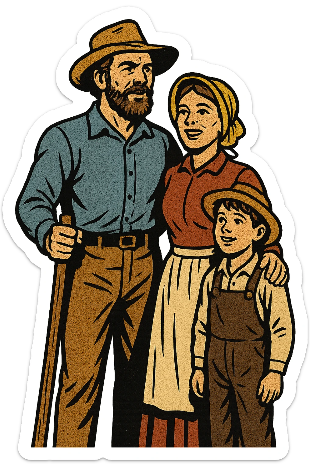 The full bodies of a pioneer homestead family from the 1860s who are looking forward to their new life in the American West. There is one father, a mother and a young boy standing close together.  sticker