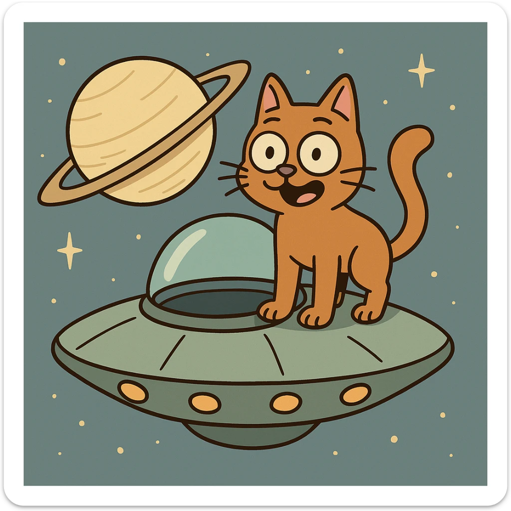 a cat on top of a UFO with Saturn in the background, cartoon style sticker
