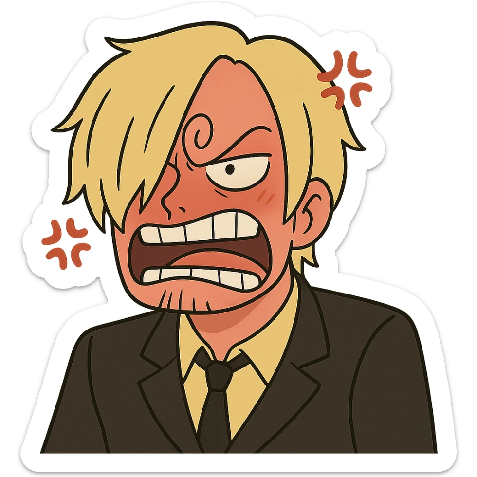 Sanji from One Piece, cartoon style, furious, curly eyebrow, blond hair, black suit, red face, comic anger marks sticker