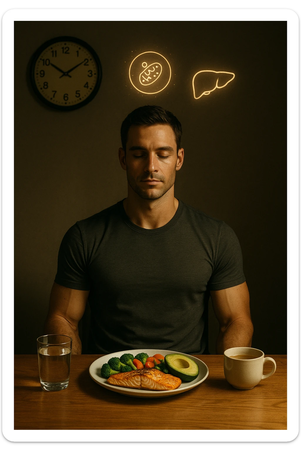 A realistic, cinematic illustration of a healthy, fit man in his early 30s with a calm, disciplined expression, sitting at a clean wooden table in the evening with a single, balanced, nutrient-dense meal in front of him (grilled salmon, colorful vegetables, avocado). The rest of the day he drinks only water and herbal tea, visible in a glass and a simple cup on the side. A wall clock in the background shows 6:00 PM, emphasizing that this is his only meal of the day (OMAD). Subtle glowing icons above him display a regenerating cell, mitochondria, and a liver symbol, representing autophagy, longevity, and health benefits of OMAD. The lighting is warm, with cinematic shadows and natural tones, creating a sense of discipline, mental clarity, and health optimization. The man looks centered and content, showing that OMAD is a conscious choice for energy and regeneration, not restrizione. The scene is realistic with slight film grain for depth sticker