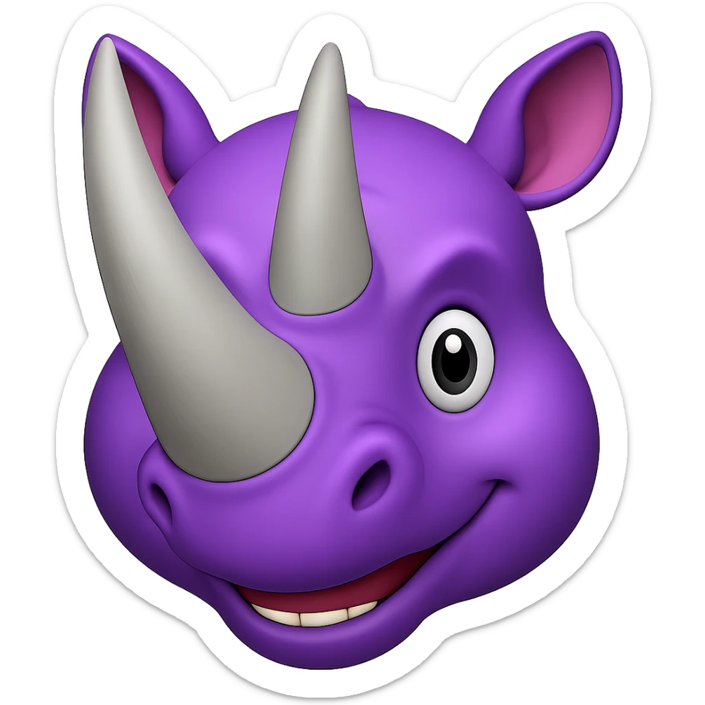 Add two big, normal grey rhino horns to the face, keeping the purple rhino emoji style, no background. The style should resemble the purple rhino emoji style with no background. sticker