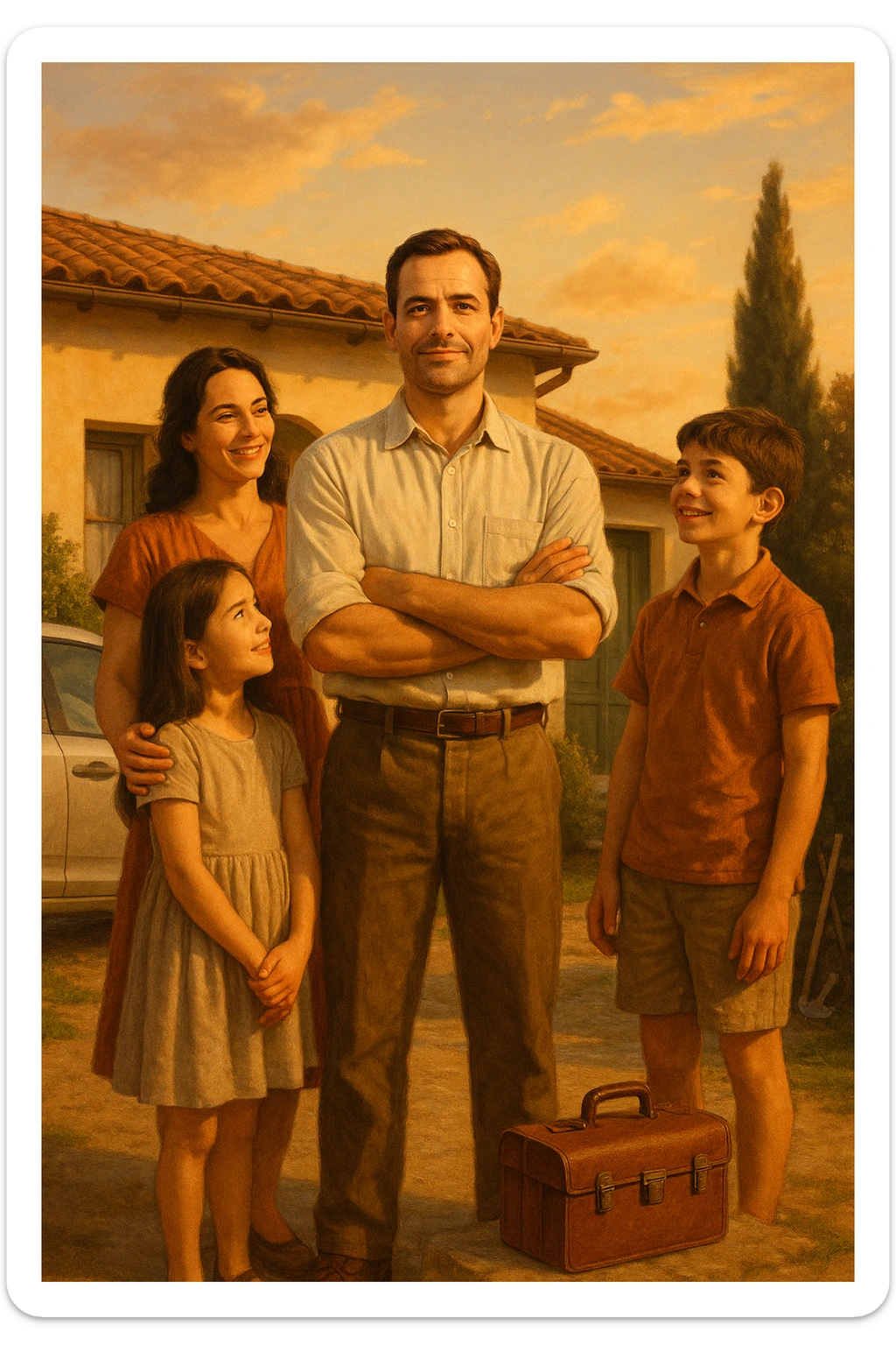Uomo tra i 35 e i 45 anni, in piedi con postura fiera davanti alla sua casa, circondato dalla famiglia: moglie e figli lo guardano con rispetto e affetto. Indossa abiti semplici ma ordinati, simbolo di lavoro e stabilità (camicia, pantaloni, magari una cassetta degli attrezzi o una valigetta vicino). Sullo sfondo elementi che richiamano i suoi ruoli: casa ordinata, auto familiare, strumenti di lavoro, simboli di protezione e presenza. Espressione serena, forte ma accogliente. Colori caldi, luce naturale del tramonto. Stile realistico, atmosfera rassicurante e simbolica in italia, immagine realistica sticker