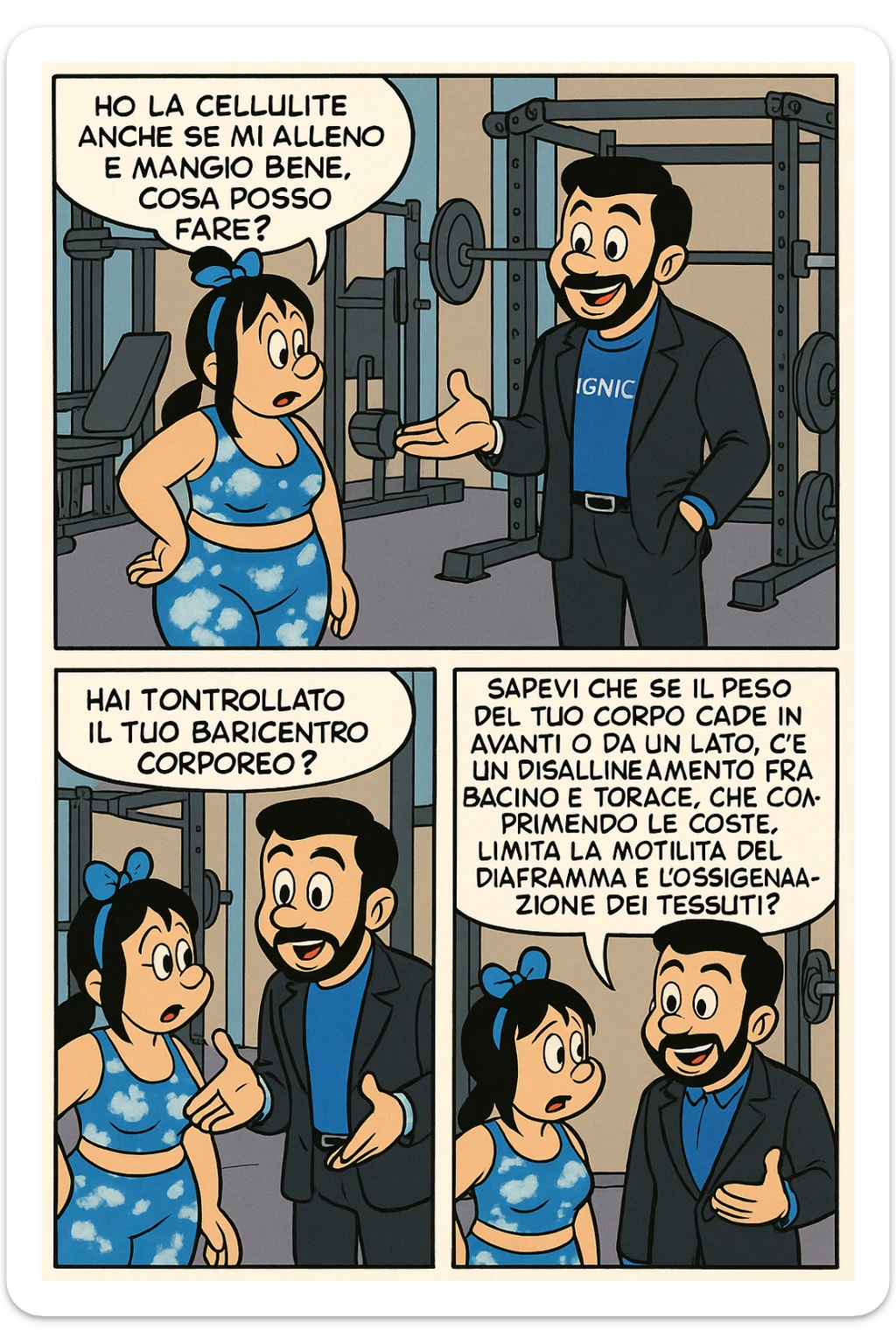 TRASFORMA QUESTO CAROSELLO IN UN FUMETTO STILE TOPOLINO CON QUESTE DUE PERSONE IDENTICHE CHE INTERLOQUISCONO TRA LORO:

LEI: Ho la cellulite anche se mi alleno e mangio bene, cosa posso fare?

LUI: Hai controllato il tuo baricentro corporeo?
LUI: Sapevi che se il peso del tuo corpo cade in avanti o da un lato, c’è un disallineamento fra bacino e torace, che comprimendo le coste, limita la motilità del diaframma e l’ossigenazione dei tessuti?
LUI: Il mio è il primo e unico percorso che lavora sugli inestetismi con un lavoro mirato sul baricentro corporeo. sticker