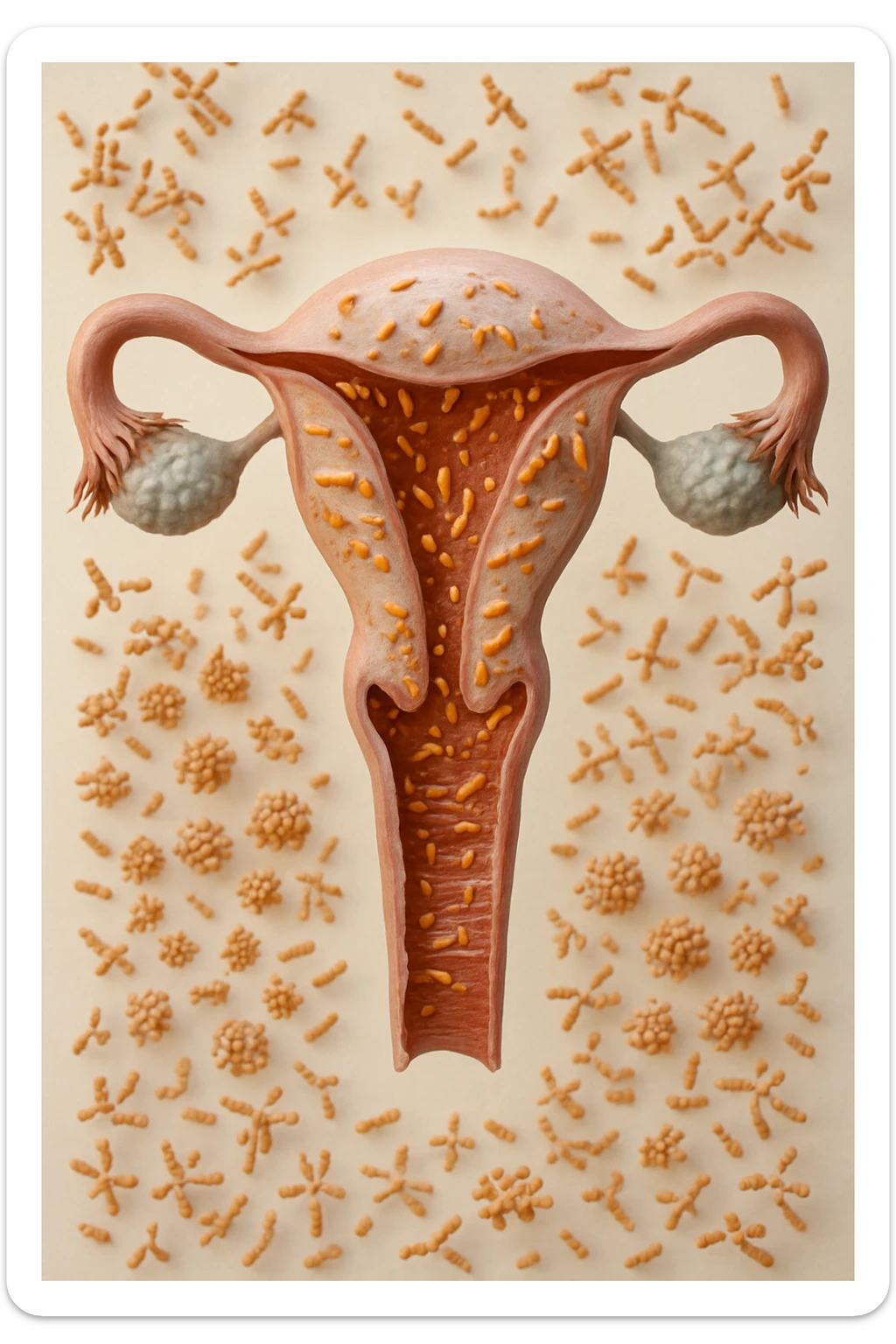 utero umano realistico con batteri della candida intorno, la foto si deve vedere per intero in formato verticale, sullo sfondo neutro chiaro ci sono batteri della candida, iperrealistico 4k sticker