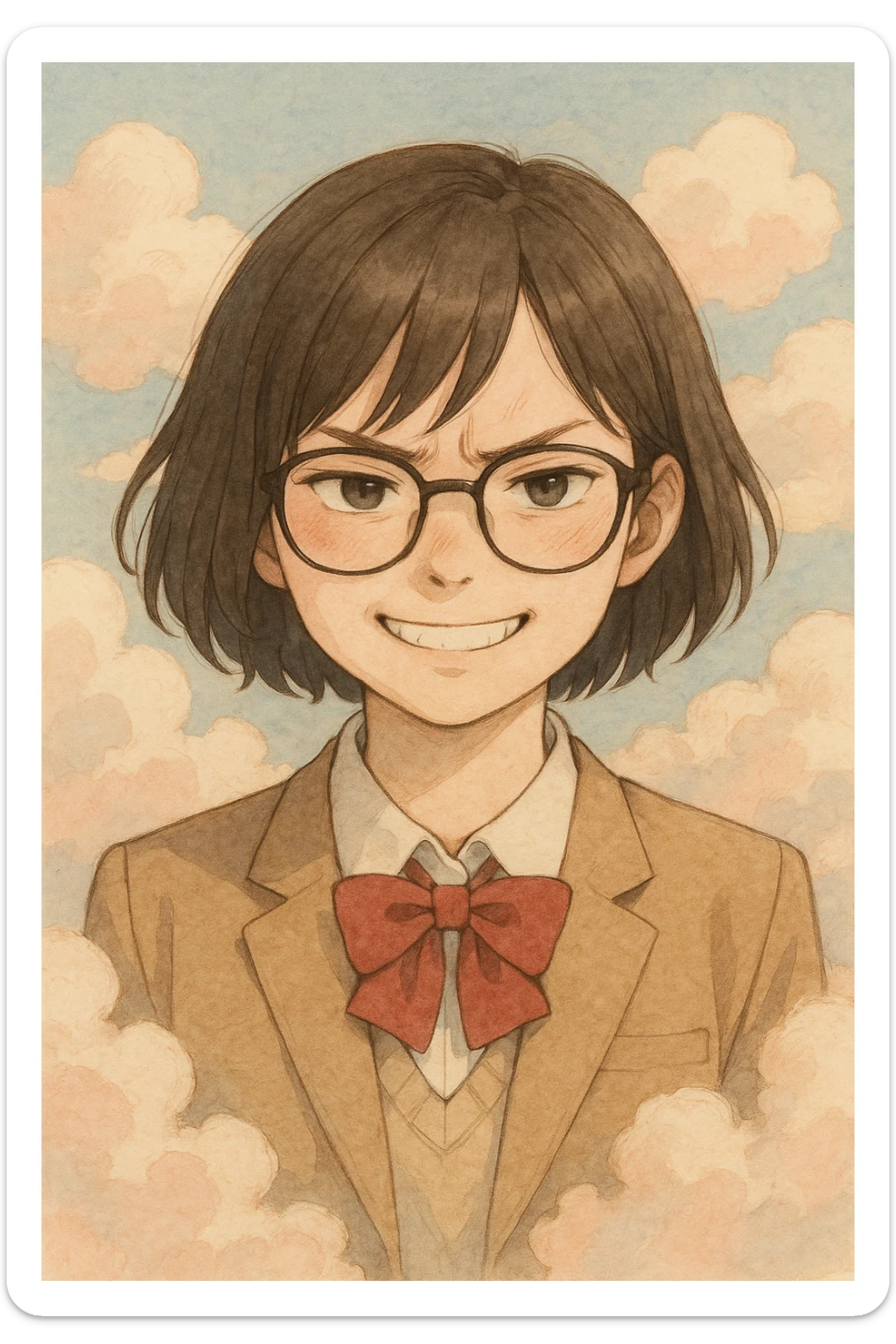 high school girl with glasses and short hair, smiling but with subtle signs of inner anger, surrounded by clouds, in a soft pastel illustration style sticker