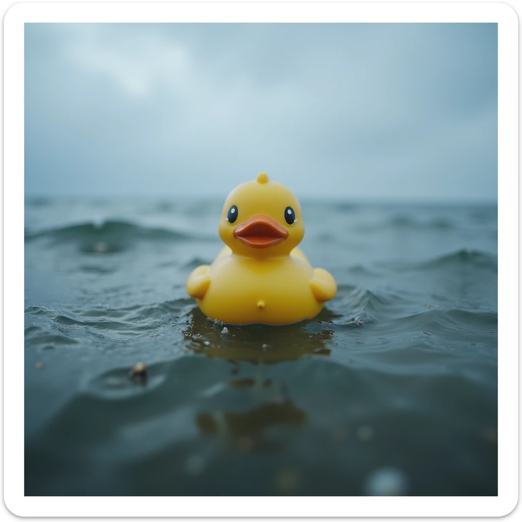  Cinematic still, Extreme Closeup shot of Yellow duck toy on ocean during cloudy day, stormy sea, Camera from top, inspired by interstellar sticker