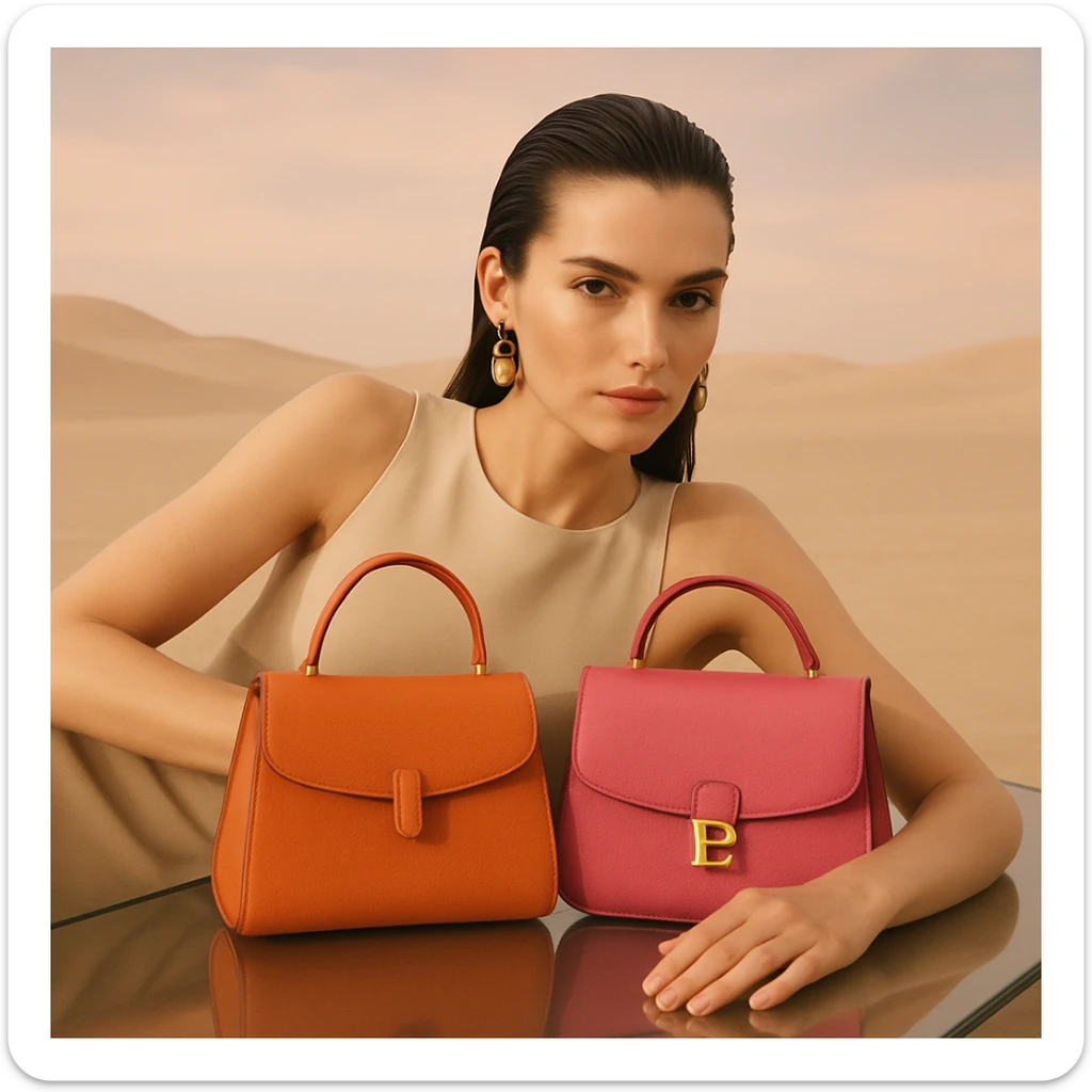 A woman with sleek wet hair, earrings, and a beige minimalist top lies on her side on a glass surface in a pastel desert, holding orange and pink designer bags. She gazes at the camera with a high fashion, luxury campaign vibe. sticker