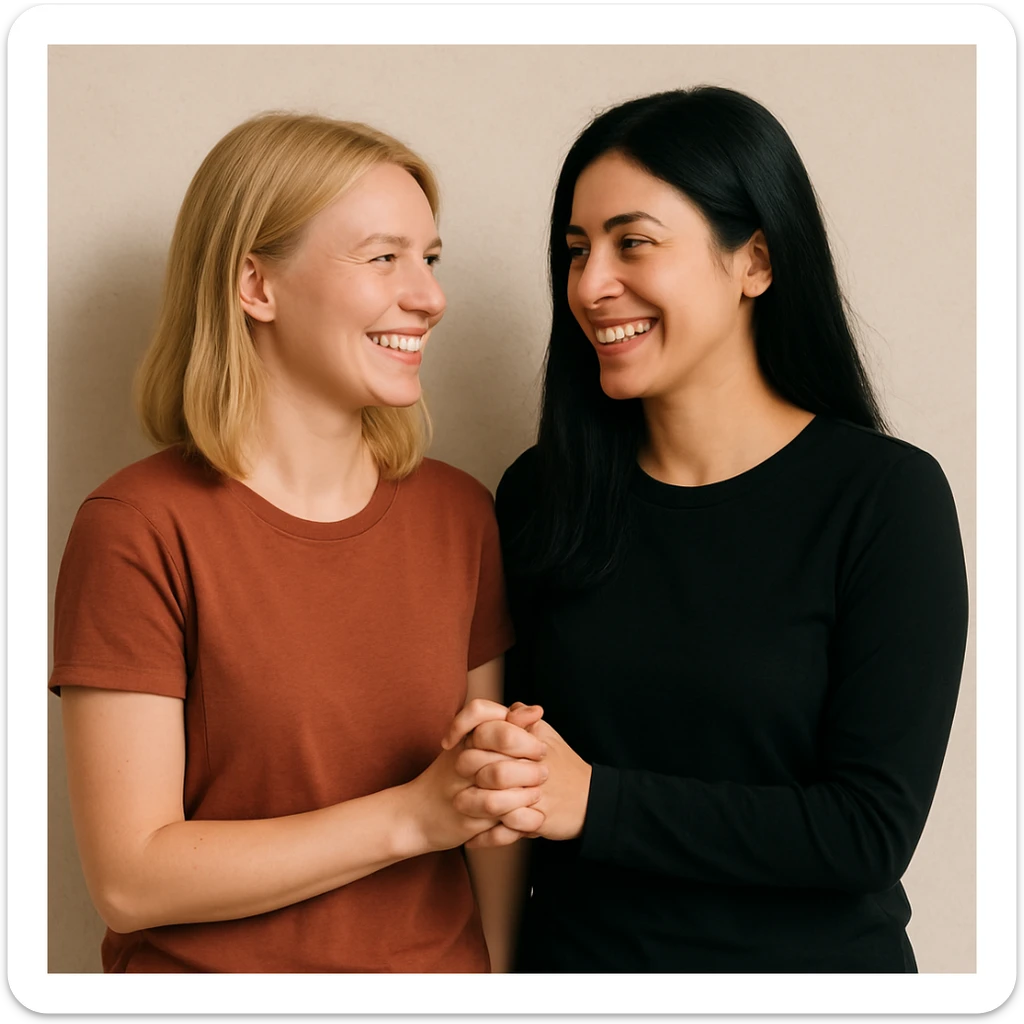 blonde woman and black-haired woman holding hands, lesbian couple, smiling, simple background sticker