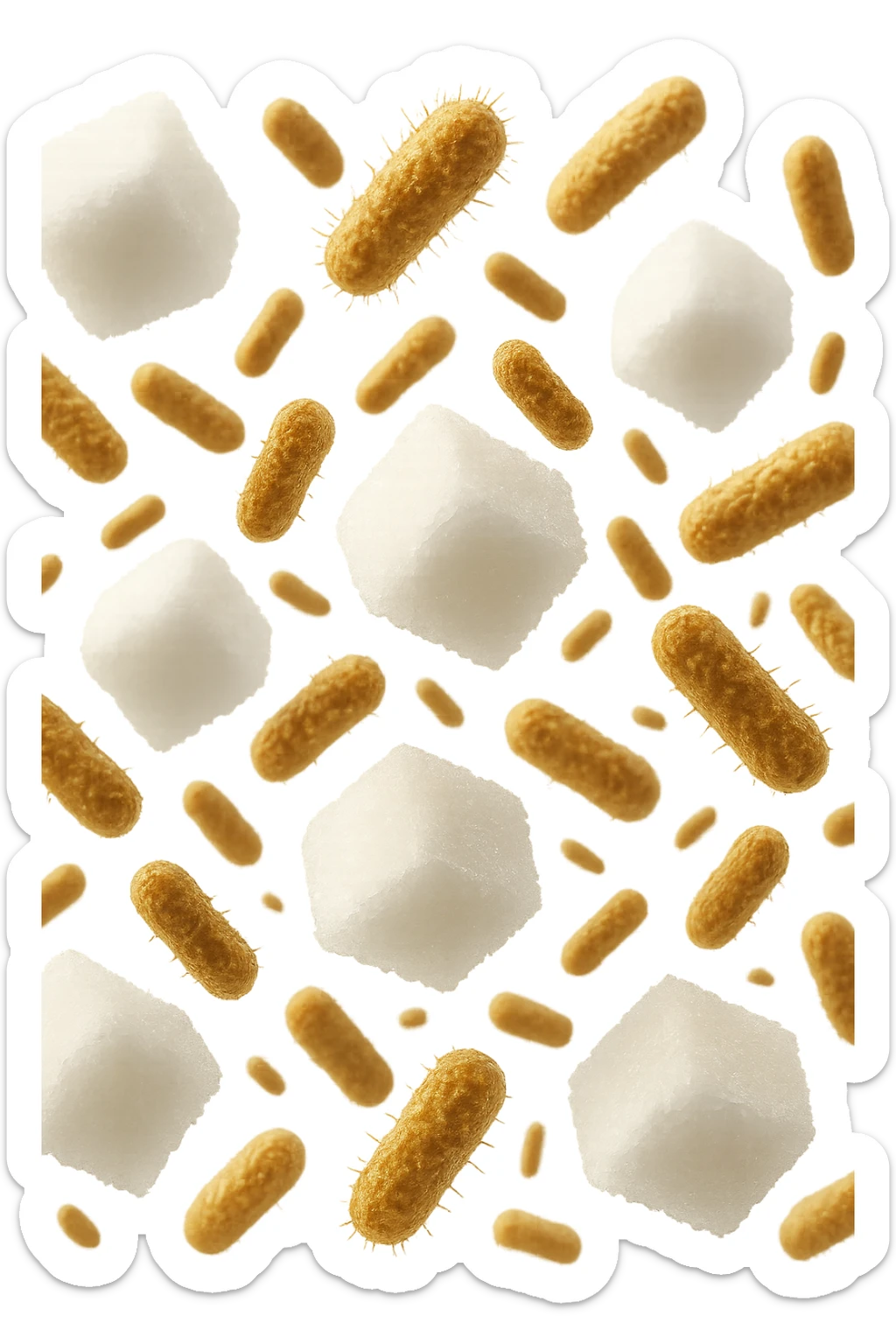 ZOLLETTE DI ZUCCHERO FLUTTUANO IN ARIA INSIEME A BATTERI INTESTINALI REALISTICI
IPERREALISTICO 4K, SFONDO BIANCO sticker