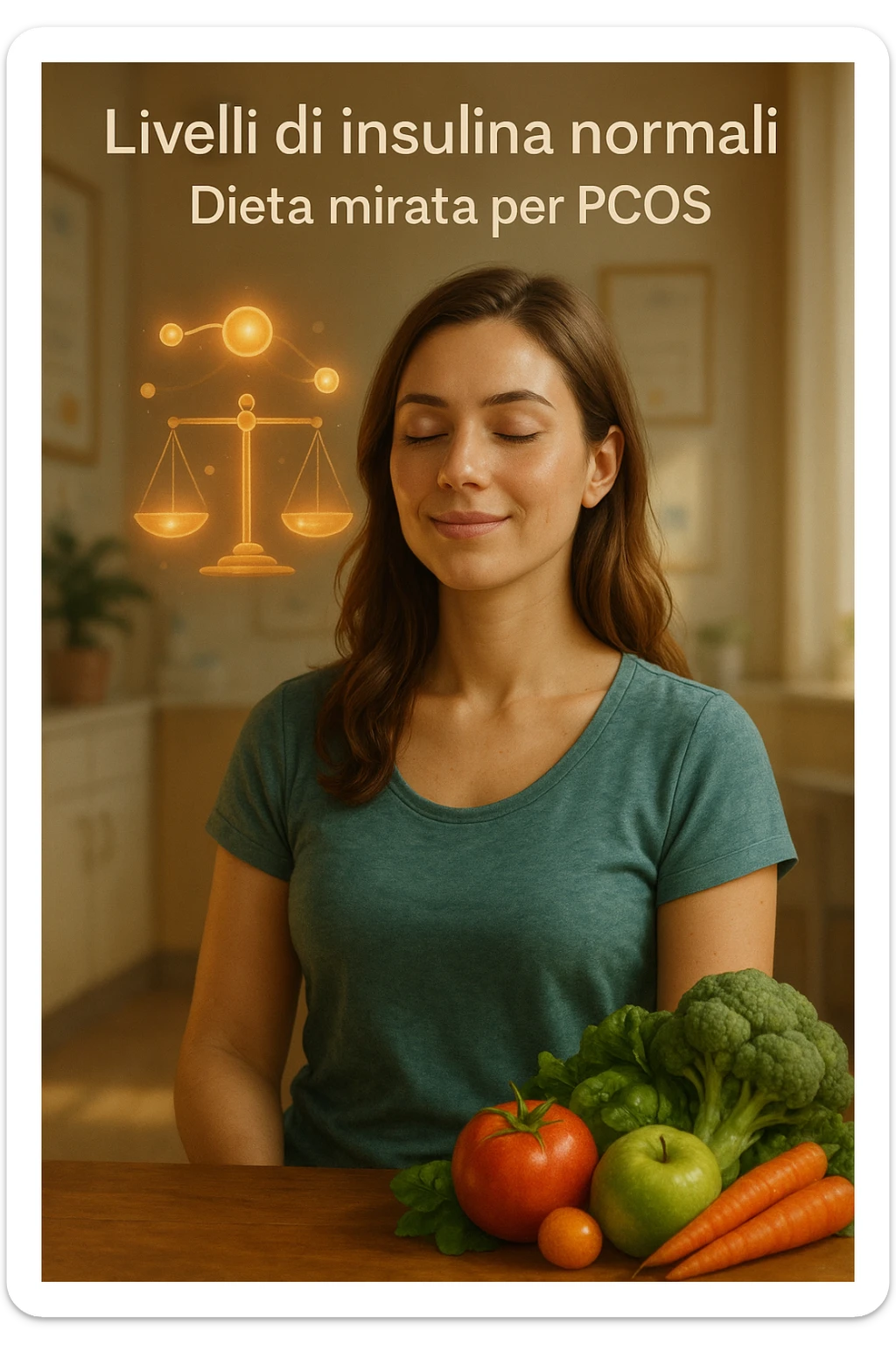 vertical realistic and cinematic illustration of a healthy and serene woman with normal insulin levels thanks to a targeted diet for PCOS, visual elements suggesting hormonal balance and well-being, positive clinical atmosphere, warm lighting, Italian captions, aspect ratio 2:3 sticker