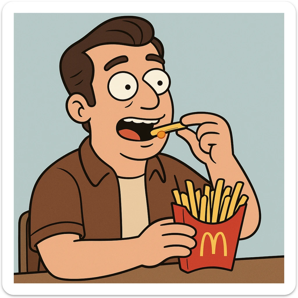 Side oil head brown shirt beige shirts  eating mcdonalds fries some sauce sticker
