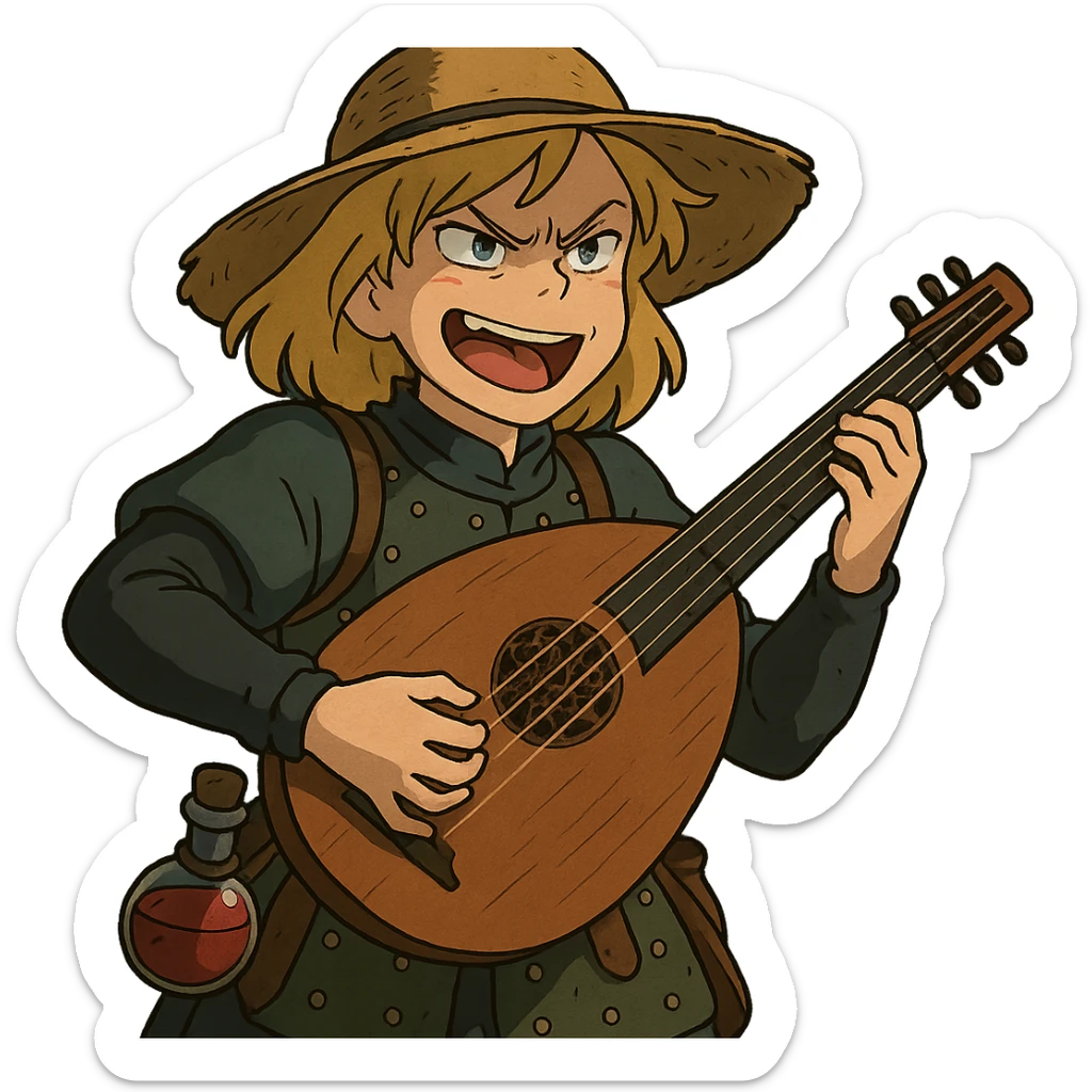A female bard , blond hair, wearing brigandine armor with a sturdy straw hat, playing a fat medieval lute and singing, night time shadows, tool belt with red potion and bandages, portrait , mischievous grin, anger sticker