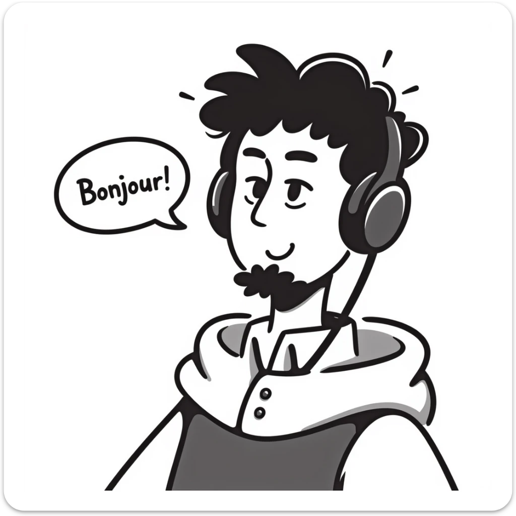 Highly detailed anime-style male character saying "Bonjour!", with styled black hair, expressive brown eyes, defined black beard, wearing detailed gaming headphones, anime art style with line work sticker