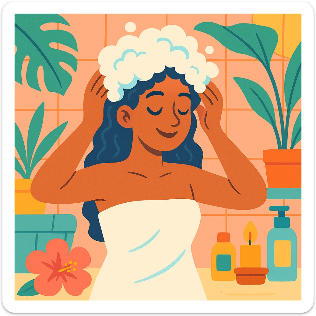 woman with shampoo foam in hair, relaxed, spa-like atmosphere, soft pastel colors, vibrant colors sticker