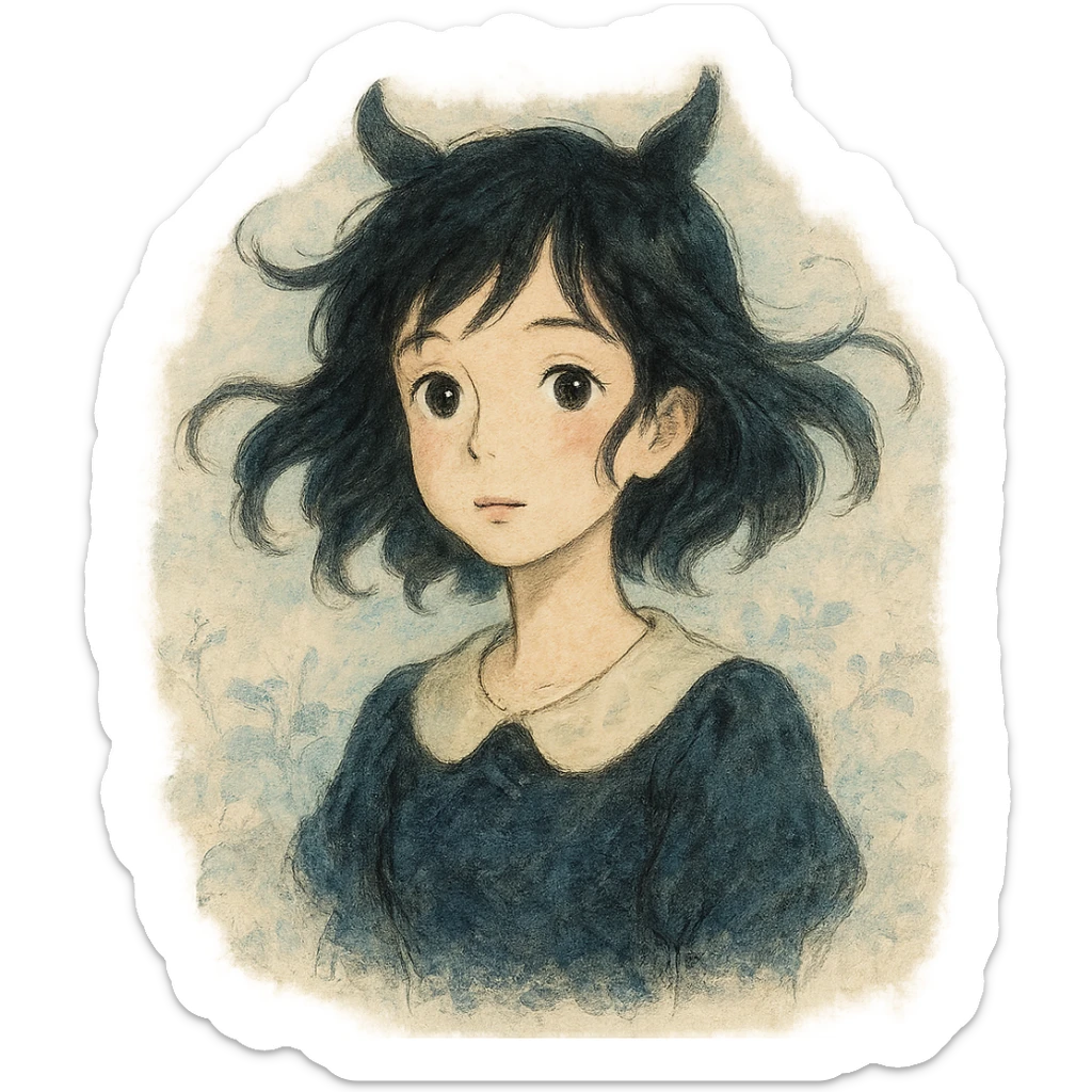 realistic whimsical black, blue and cream, natural colors, soft, fairy-like atmosphere, no background, square size sticker