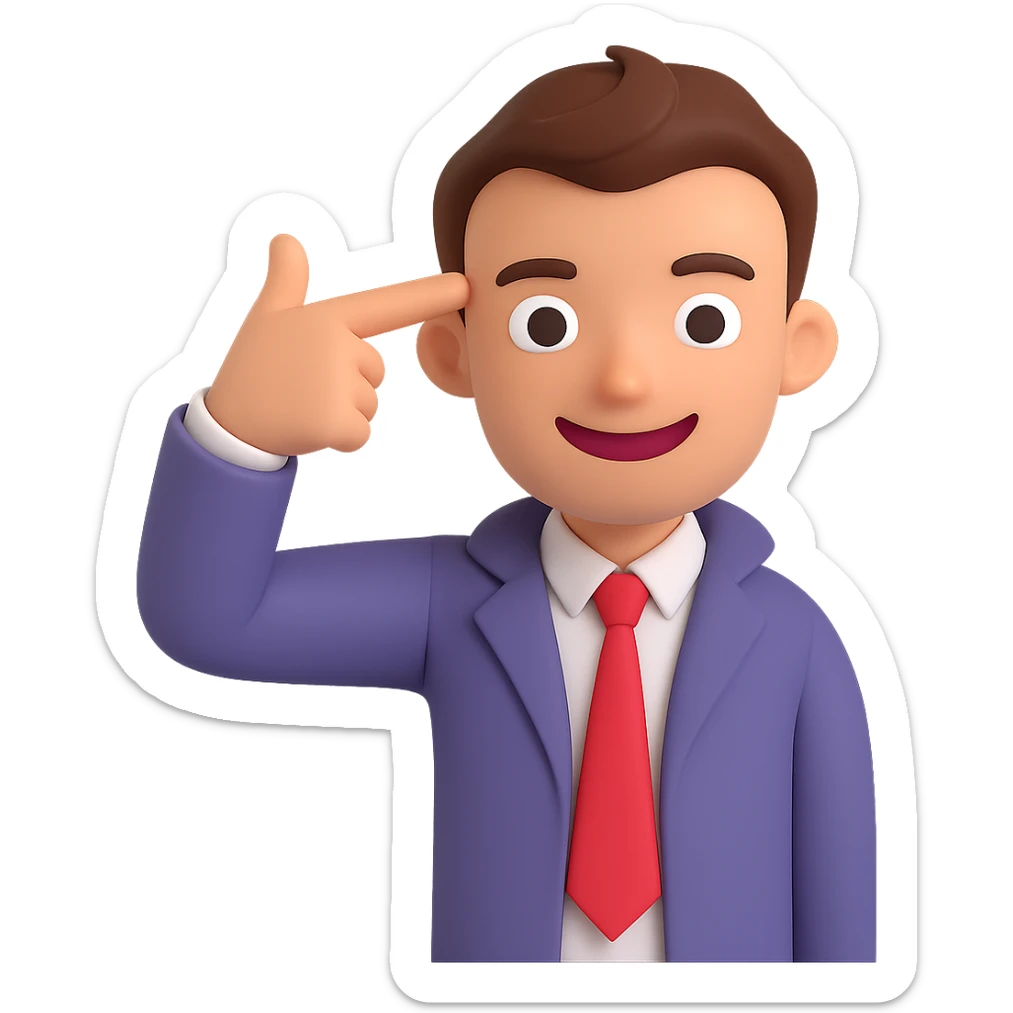 Adjust the cartoon person so they point the finger gun directly at their temple, in the style of the 'blowing brains out' gesture (not graphic), still smiling. Keep the background transparent. sticker