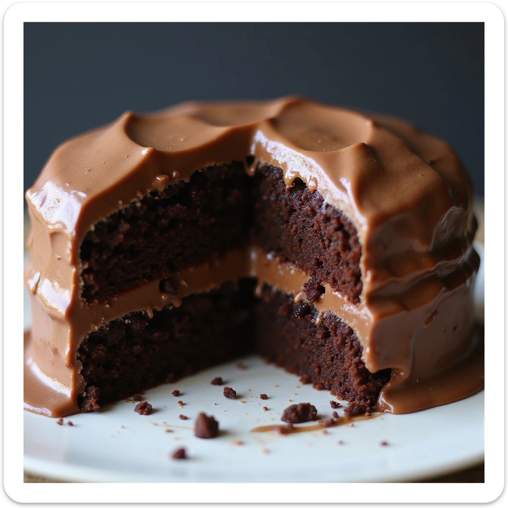 a realistic double fudge chocolate cake, sliced to show moist interior, glossy fudge icing, photorealistic style, no background sticker