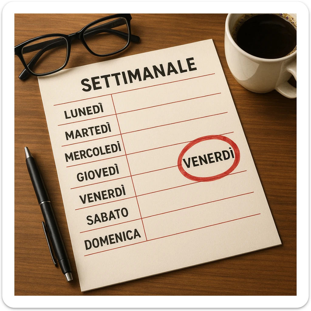 weekly calendar sheet in Italian, days from Monday to Sunday, Friday circled in red, hyperrealistic style, sharp details, desk atmosphere sticker
