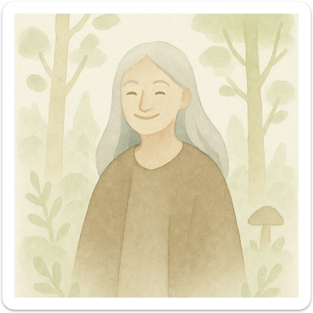 legendary mentor, young smiling woman with long silver hair, in an enchanted forest, watercolor style sticker