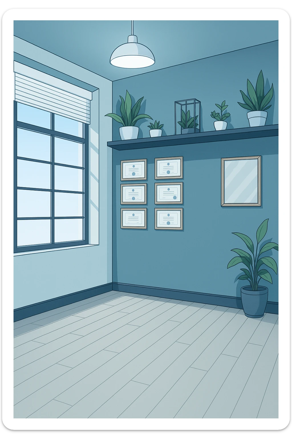 faMMI QUESTA STANZA STILE MANGA/WEBTOON A COLORI SENZA LE PERSONE E SENZA LETTINO, SOLO LA STANZA. FALLA MOLTO PIù LUMINOSA CON LUCI PIù FREDDE E MODERNE, NON LUCI GIALLE sticker