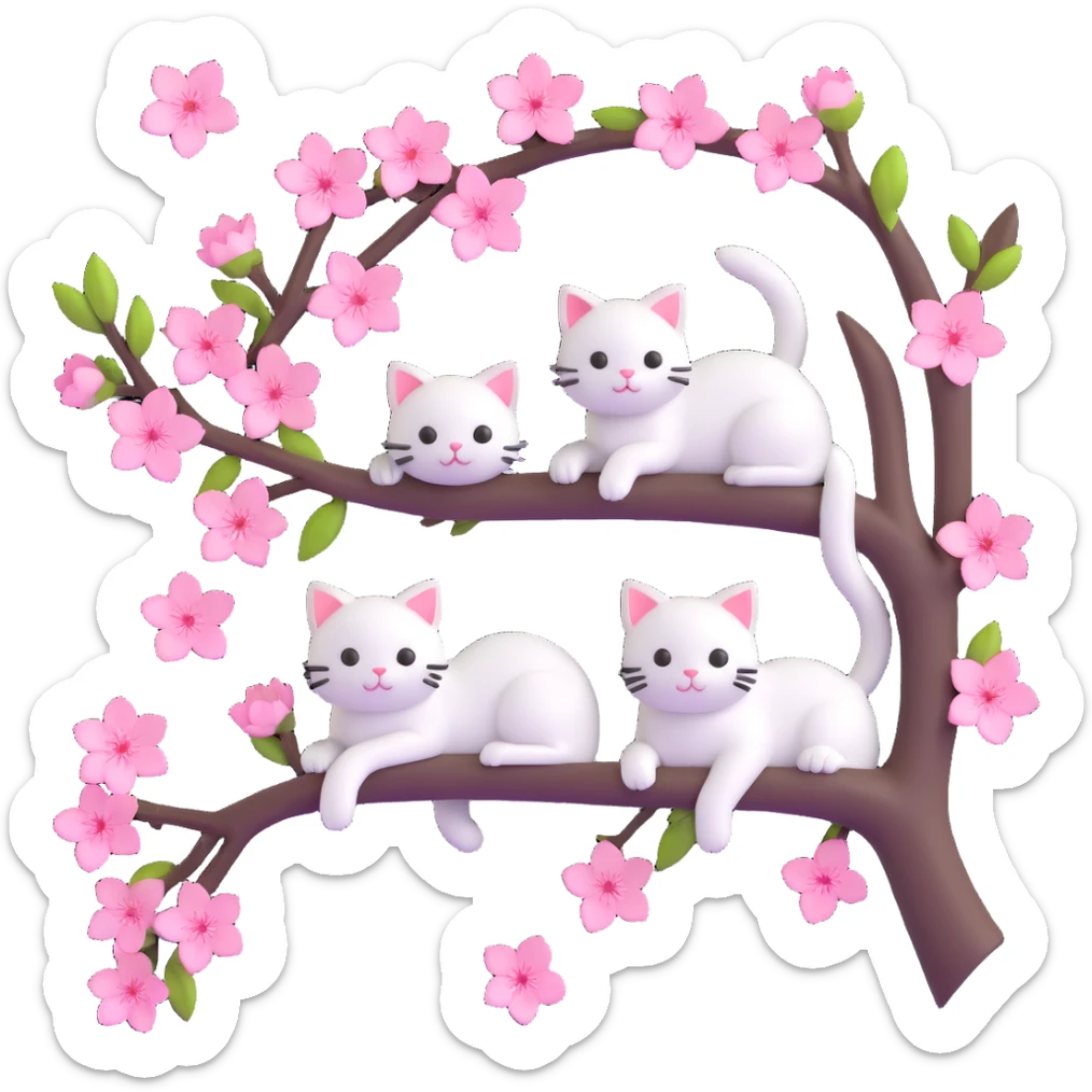 a cherry blossom branch with pink flowers and small white cats peeking out, detailed and realistic yet stylized, rounded petals, playful cats, iOS 3D style sticker