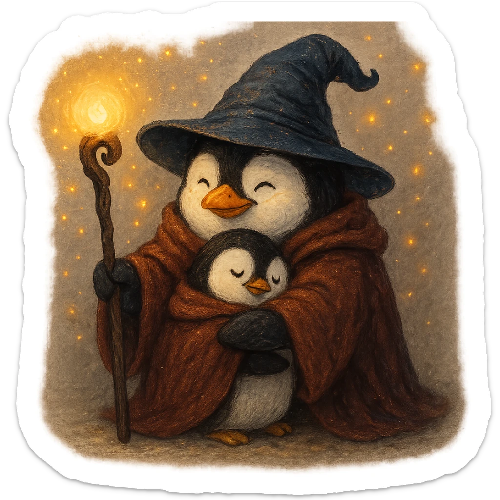 penguin wizard giving a warm hug, staff in hand, cozy atmosphere, magical ambiance sticker