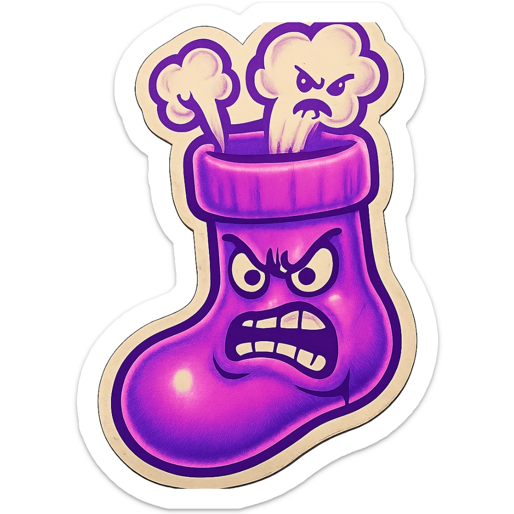 A neon-purple sock with a rage face, steam coming out of its top, representing extreme rage or anger. sticker