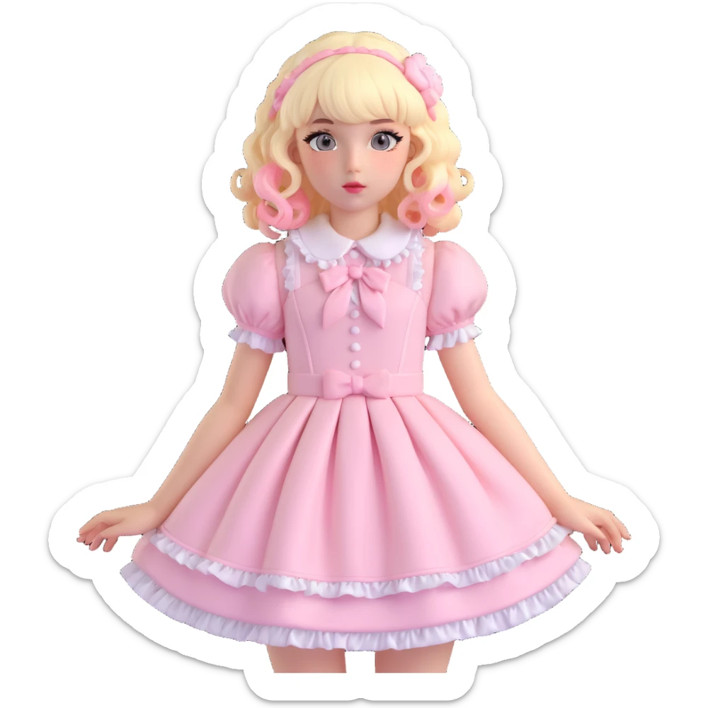 pale girl , who has curly medium length blonde and baby pink swirled hair with bangs , grey eyes , and doll like makeup , in a light pink lolita hime gyaru dress  sticker