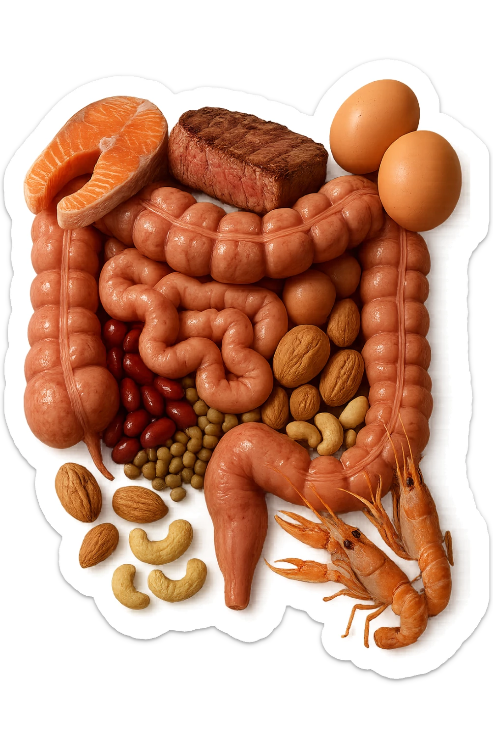 carne, uova, semi oleosi, legumi, crostacei insieme ad INTESTINO umanO realisticO, iperrealistici 4k sticker