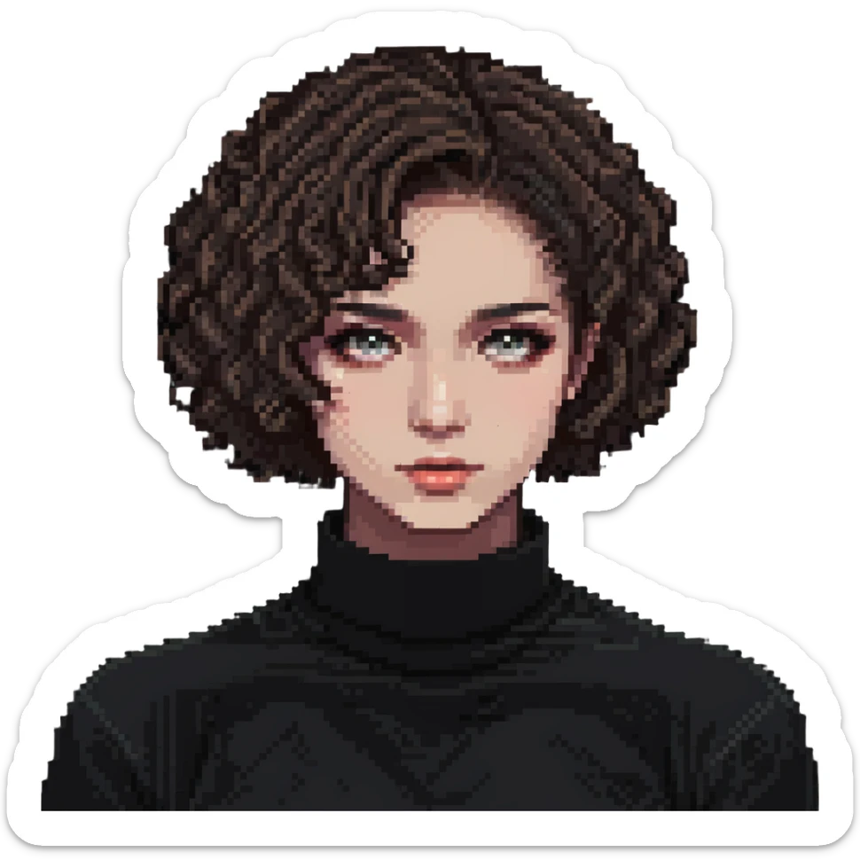 girl with short curly hair parted on the side, dark eyes and light makeup sticker
