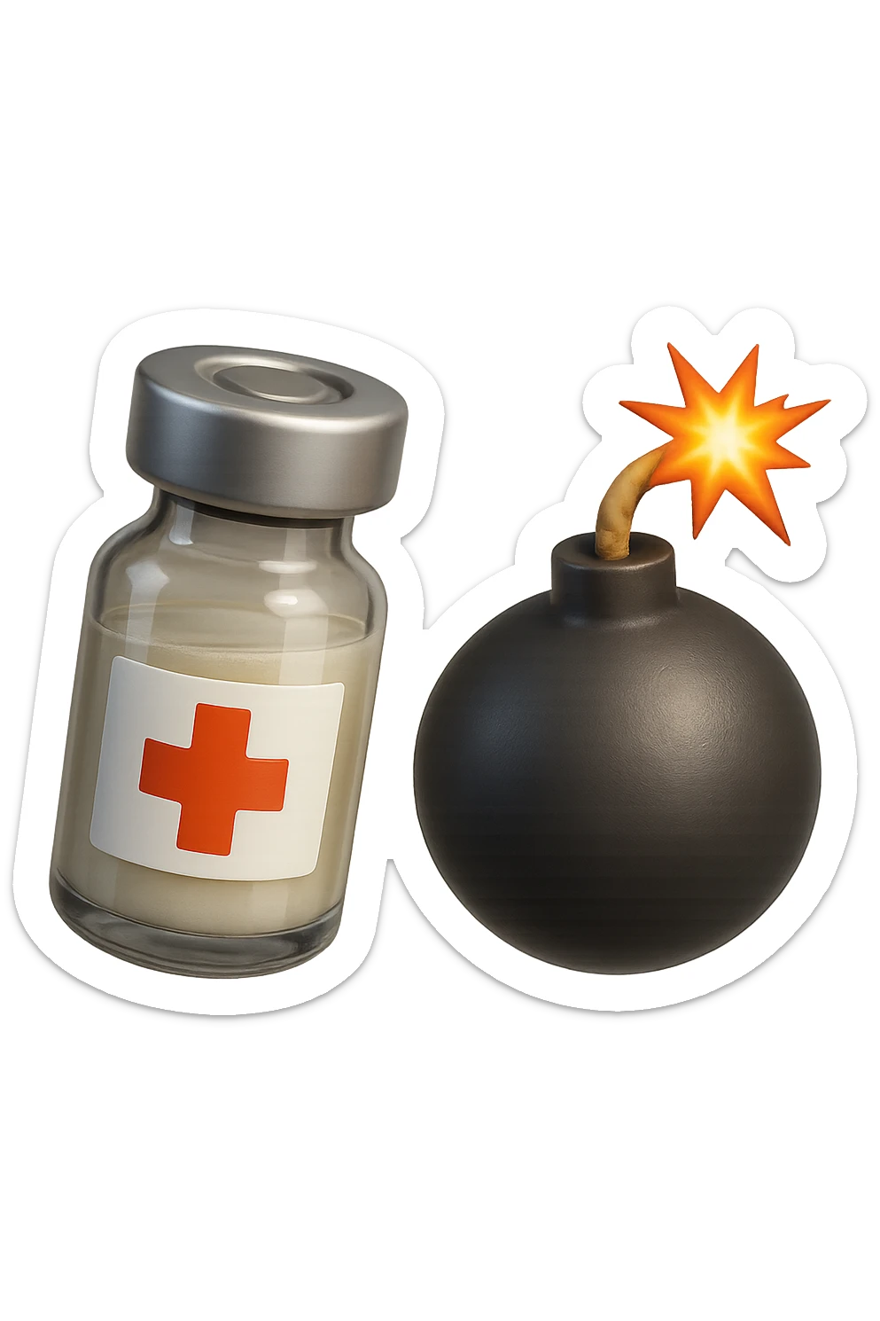 emoji stile iphone 3d di una fiala medica con una bomba vicino, fluttuano in aria insieme, FALLO MOLTO REALISTICO IN 3D sticker