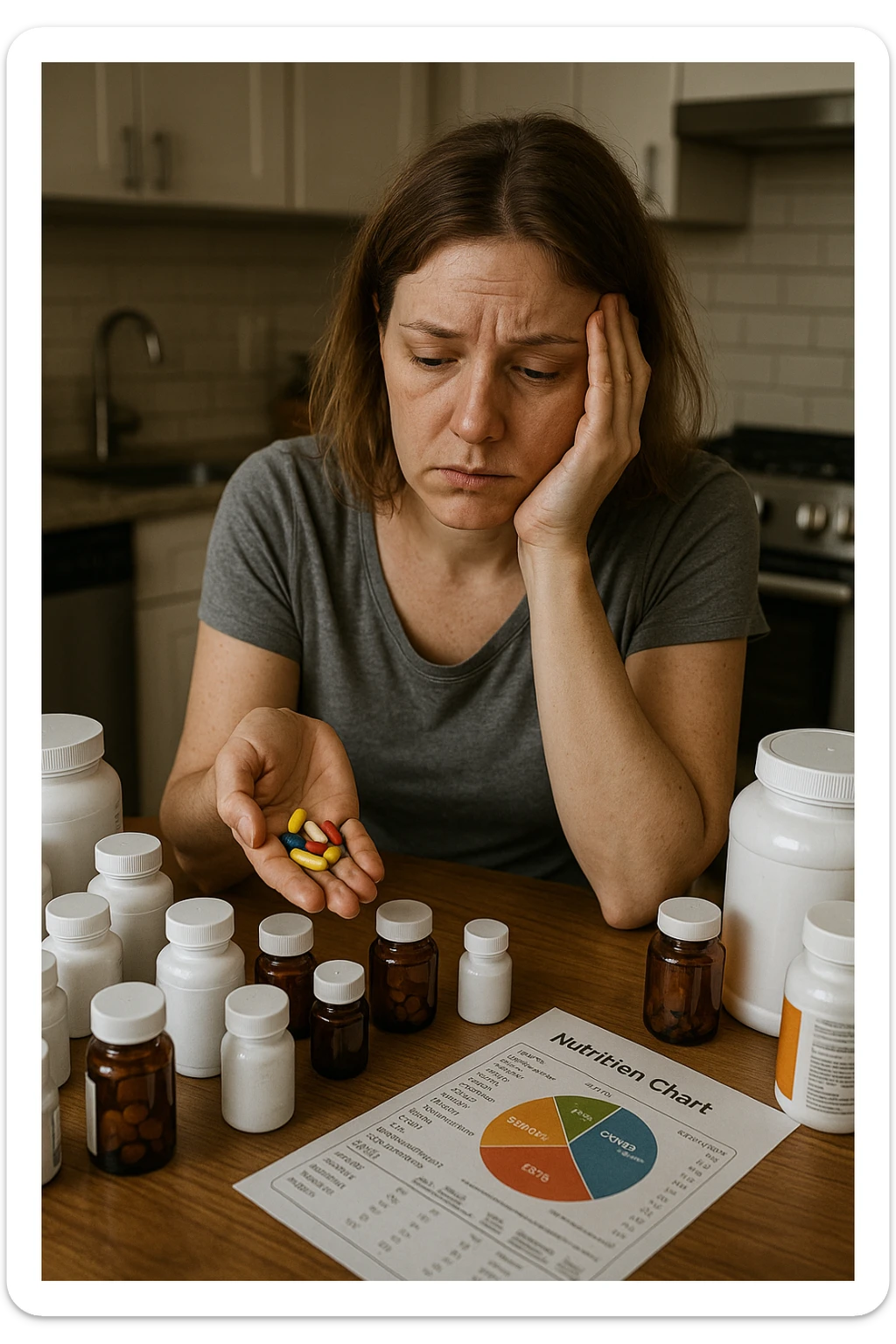 a woman in her 30s sits at her kitchen table, surrounded by dozens of supplement bottles, powders, and pills. She looks anxious and fatigued, with her head resting in one hand while the other holds a handful of colorful capsules. On the table, a nutrition chart is ignored, and her skin appears slightly dull or stressed. The mood is cautionary and educational. sticker