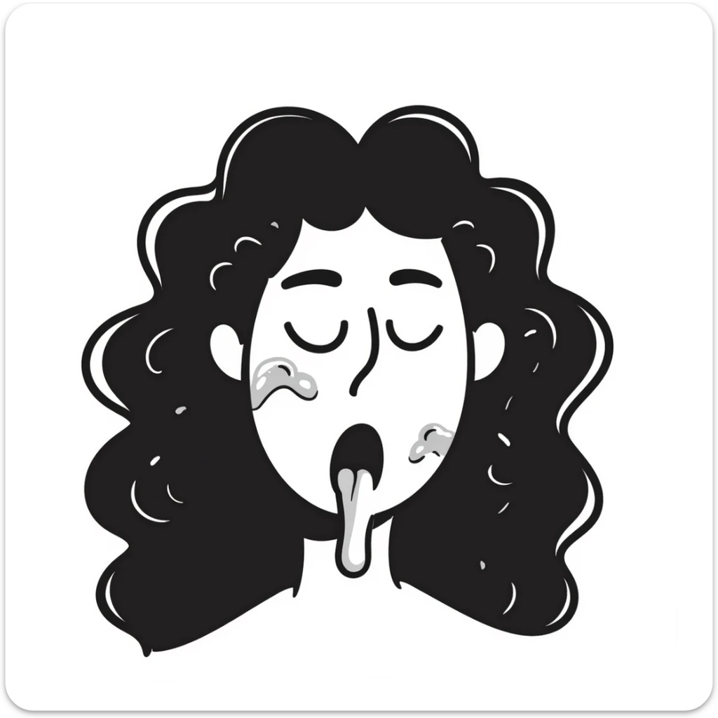 surprised disgusted woman with long messy curly black hair, thick goopy white liquid on cheeks, lips, tongue, tongue out, eyes shut, gunk dripping and matting hair sticker