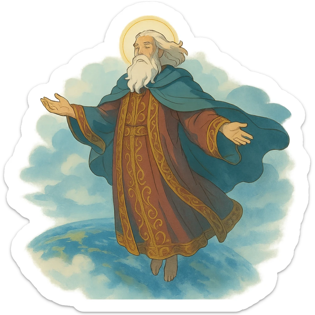 ghibli style godlike man with regal robes, floating above the world, ethereal atmosphere sticker