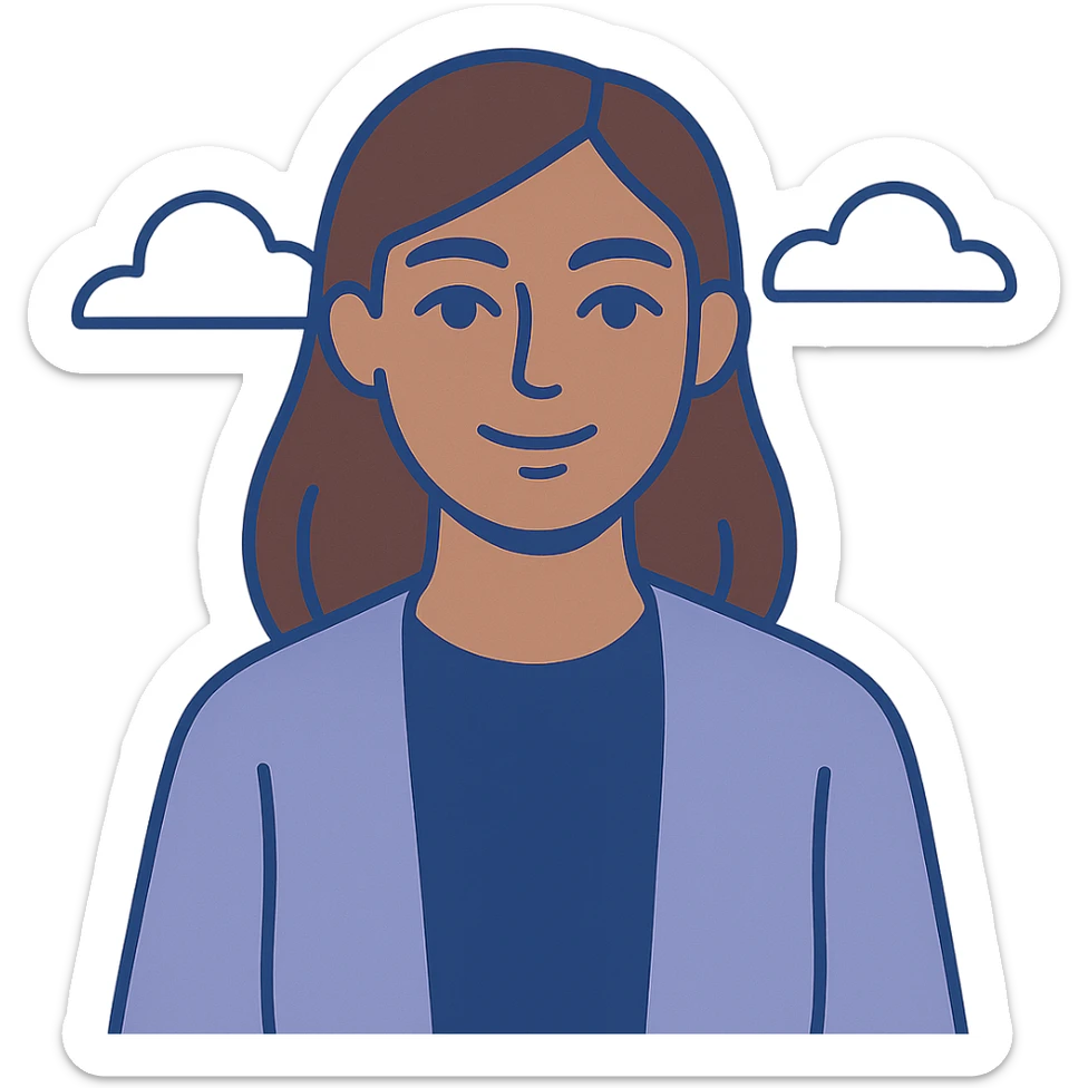 woman with blue-grey eyes, brown hair, brown skin, flat color icon style, clean lines, geometric shapes, minimal details sticker