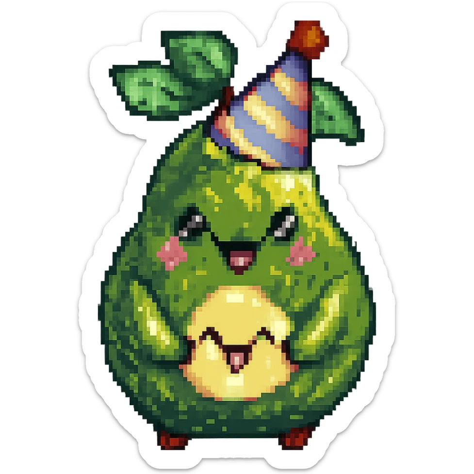 Add a colorful party hat to the happy pear with rosy cheeks in pixel art style. Keep the pixel art aesthetic and no background. sticker