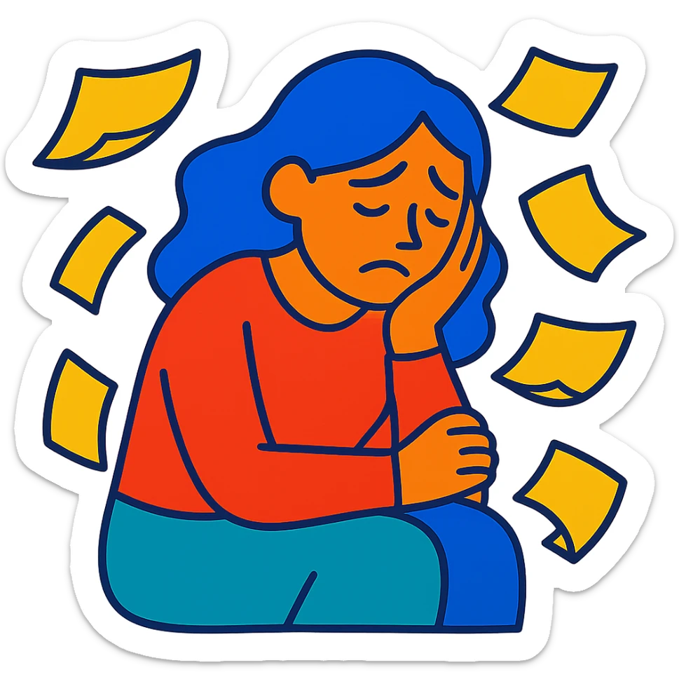 sad woman with flying papers around her, vibrant colors sticker
