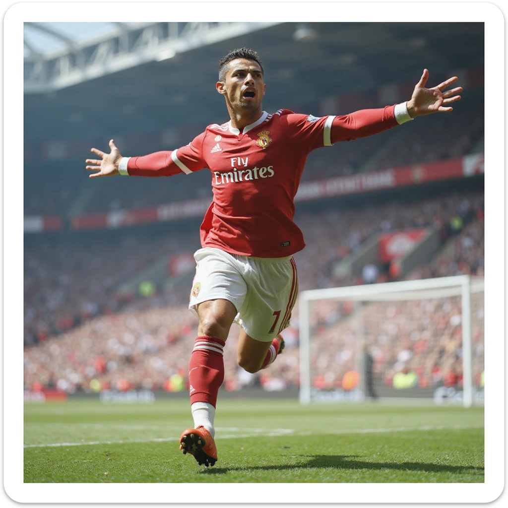 realistic illustration of a football player inspired by Cristiano Ronaldo celebrating a goal, arms outstretched, photorealistic style sticker