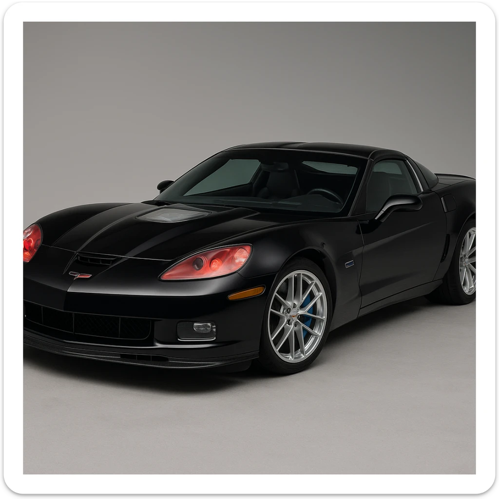 a black 2006 Chevrolet Corvette C6 ZR1 with a red headlight, detailed, sporty, three-quarter view sticker